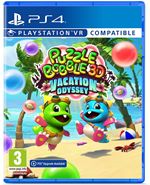 Colorful game cover featuring vibrant green and blue characters on a beach, surrounded by colorful bubbles, with "Puzzle Bobble 3D Vacation Odyssey" title and PlayStation VR compatibility noted.