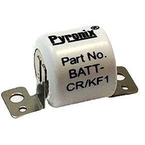 White cylindrical battery with metal mounting brackets, labeled "Pyronix" and "Part No. BATT-CR/KF1," designed for use in security systems.