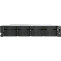 QNAP TS-h1277AXU-RP 12-Bay NAS, black front panel, silver edges, with multiple drive bays and power button on the right.