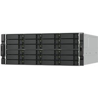 Black QNAP 4U 24-bay NAS with silver side panels, featuring AMD Ryzen 7000 series, front view with drive bays visible.