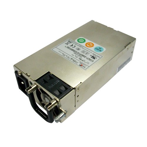 Silver metal power supply unit with a black connector, labeled with certification icons and specifications, designed for a 2U, 8-bay NAS system, rated at 300 W.