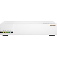 White QNAP QHora-322 wired router with LED indicators and sleek rectangular design, featuring 2.5 and 10 Gigabit Ethernet.