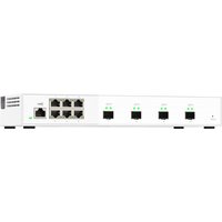 White QNAP QSW-M2106-4S network switch with 10 ports, including 4 SFP+ and 6 Ethernet ports, LED indicators on front.
