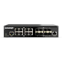 Black QNAP QSW-M3216R-8S8T network switch with multiple Ethernet ports and LED indicators on the front panel.