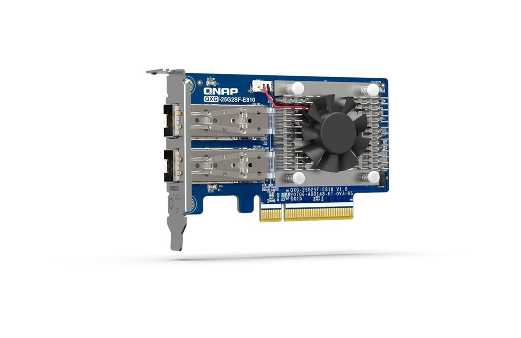 QNAP QXG-25G2SF-E810 network card in blue and silver, featuring dual SFP28 ports, a cooling fan, and a PCIe connector for high-speed 25000 Mbit/s connectivity.
