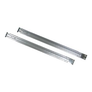 QNAP RAIL-A02-90 Rack Rail Kit featuring two sturdy, silver metal rails designed for easy installation in server racks, ensuring secure mounting of equipment.