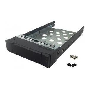 Black metal drive bay panel with a perforated tray for storage drives, featuring a sleek design and includes mounting screws.