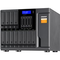 Black and grey QNAP TL-D1600S storage drive enclosure with multiple drive bays and digital display.