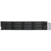 Black QNAP TL-R1200S-RP storage drive enclosure with 12 bays, rackmount design, and dual power supplies.