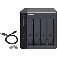 Black QNAP TR-004 USB 3.2 RAID enclosure with four drive bays, LED indicators, USB cable, and two keys.