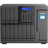 Black QNAP TS-1655 NAS tower with multiple drive bays, LCD screen, and Intel Atom C5125 processor.