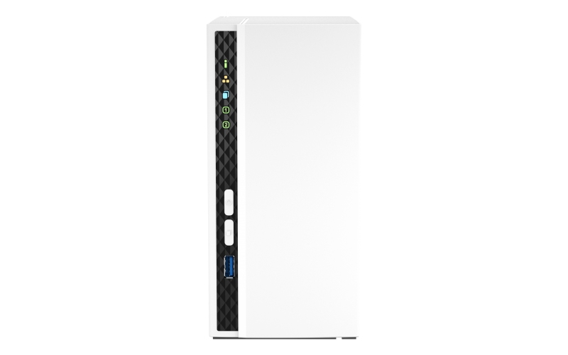 White desktop NAS enclosure with a textured black side panel, featuring USB ports, LED indicators, and a sleek, modern design, suitable for home or office use.