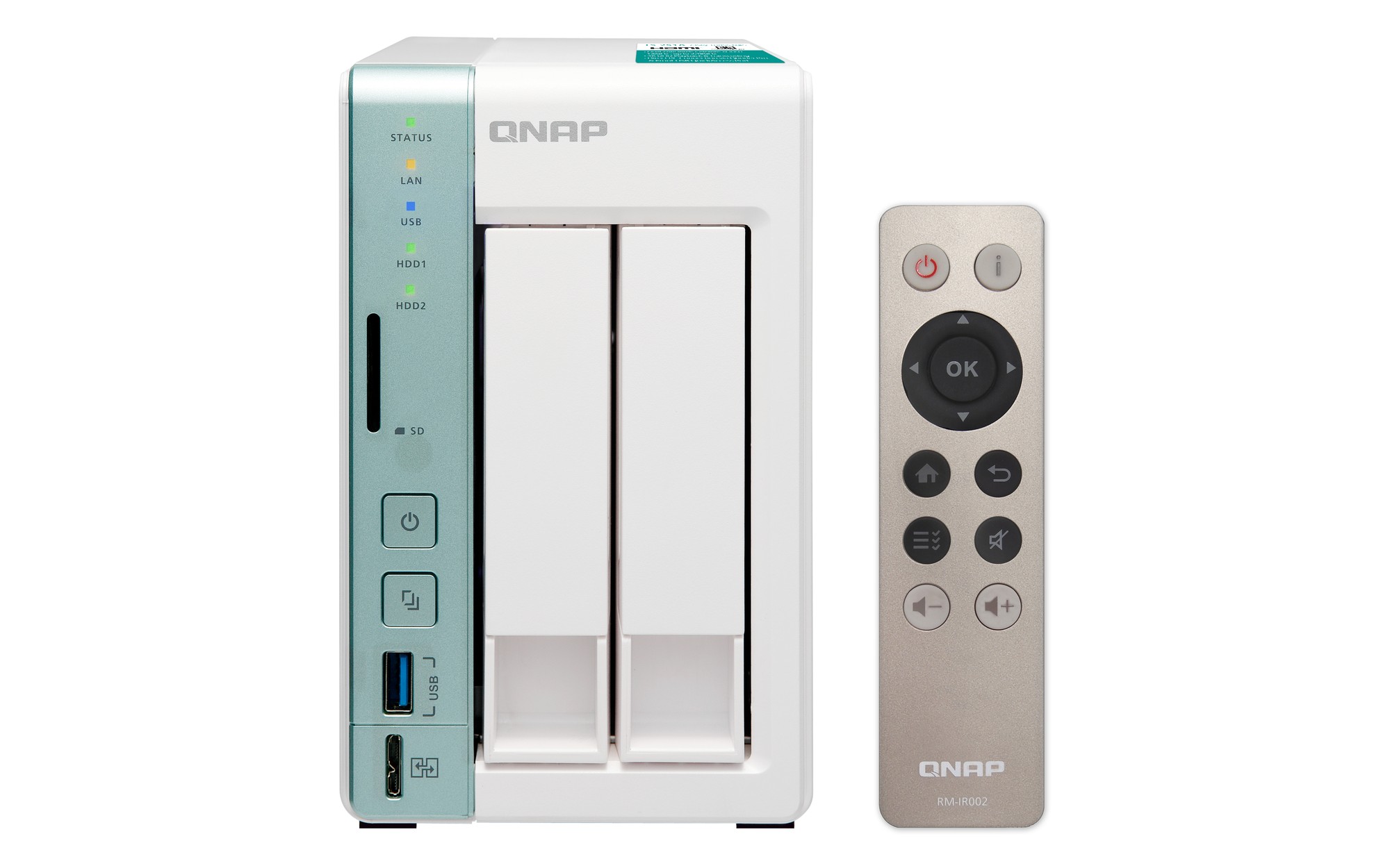 QNAP TS-251A NAS tower in white and green, featuring two drive bays, multiple USB ports, Ethernet LAN, and a remote control on the side.