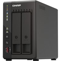 Black QNAP TS-253E NAS tower with dual drive bays, Intel Celeron J6412, 8 GB RAM, front USB port, and LED indicators.