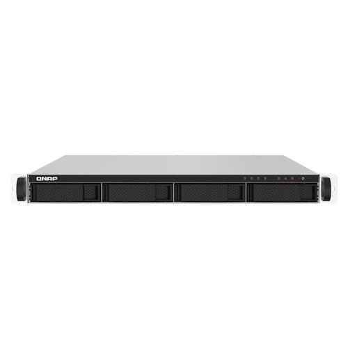 QNAP TS-432PXU-RP NAS Rack in 1U form factor, featuring a sleek black chassis with three drive bays, white handles, and ventilation grilles for efficient cooling.