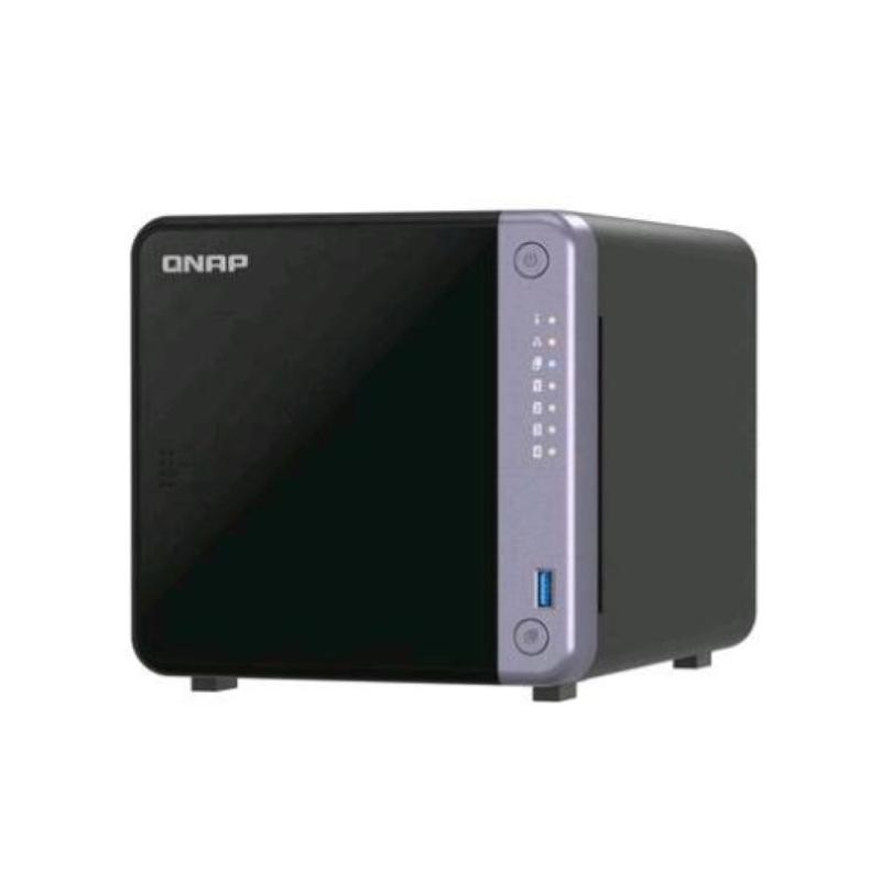 Black QNAP TS-432X-4G NAS/storage server tower with a sleek design, featuring a silver side panel, LED indicators, and a USB 3.0 port on the front.