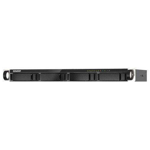 Silver QNAP TS-435XeU NAS enclosure with 4 bays, 4GB RAM, sleek design, front LED indicators, and ventilation grilles for efficient cooling.