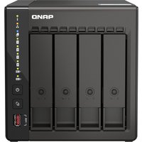 Black QNAP TS-453E NAS Tower with four drive bays, LED indicators, and front USB port.