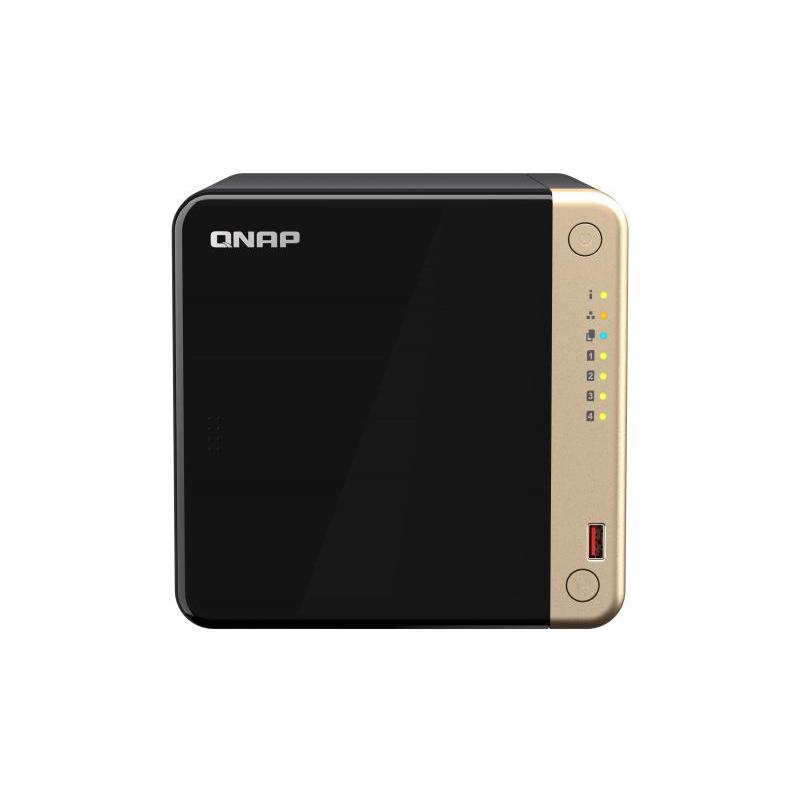QNAP TS-464-8G NAS server in a sleek black and gold design, featuring a compact tower shape, LED status indicators, and USB ports on the front for easy connectivity.