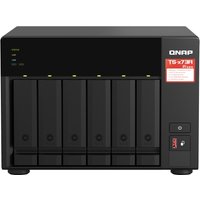 Black QNAP TS-673A NAS tower with Ryzen V1500B, 8-bay front panel, LED indicators, and QNAP Turbo System branding.