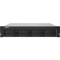 Black QNAP TS-832PXU 2U NAS rack with eight drive bays and sleek front panel design.