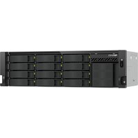 Black QNAP TS-h1655XeU-RP NAS server, rack-mountable, 12 front-facing bays, sleek design, visible control panel.