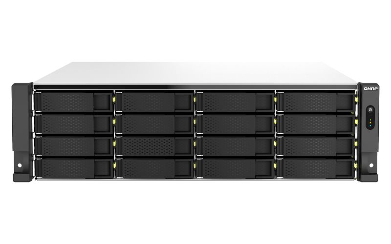 QNAP TS-H2287XU-RP NAS Rack in 3U size, featuring a sleek black metal chassis with 12 drive bays, LED indicators, and a power button on the right side.
