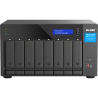 Black QNAP TVS-h874 NAS tower with eight drive bays, Intel Core i7, blue LED display, and 32 GB DDR4 RAM.
