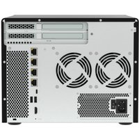 Black QNAP TVS-H877AX NAS Tower with AMD Ryzen, 16GB DDR5, dual cooling fans, and multiple Ethernet ports.