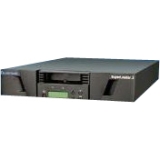 Black Quantum E7-LF9MZ-YF backup storage device with a sleek design, featuring dual front-loading slots, a digital display, and ventilation grilles on either side.