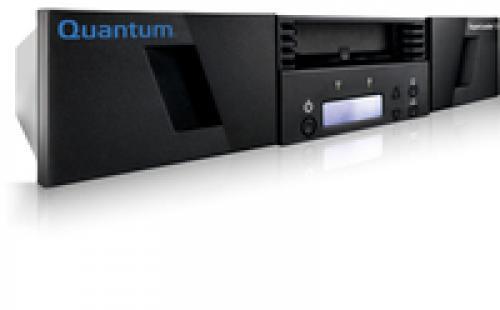 Black Quantum SuperLoader 3 storage auto loader with a sleek design, featuring a front control panel, loading slot, and illuminated display for tape cartridge management.