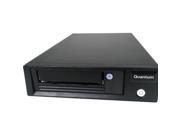 Black Quantum TC-L83CN-AR backup storage device with a sleek design, featuring a front loading tape cartridge slot and a power button on the right side.