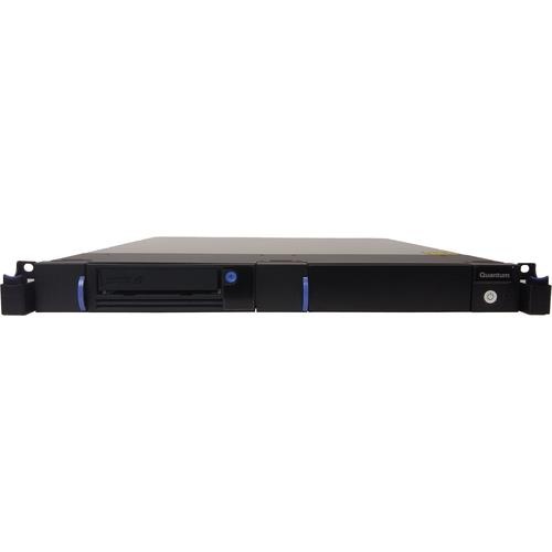 Black storage device with a sleek design, featuring a blue accent button, a front-loading tape cartridge slot, and a power button on the right side.