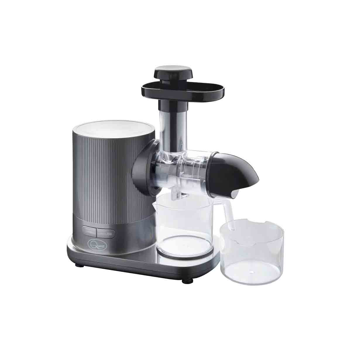 Grey Quest Slow Masticating Juicer featuring a sleek design, a wide feeding chute, and a transparent juice container for easy viewing.