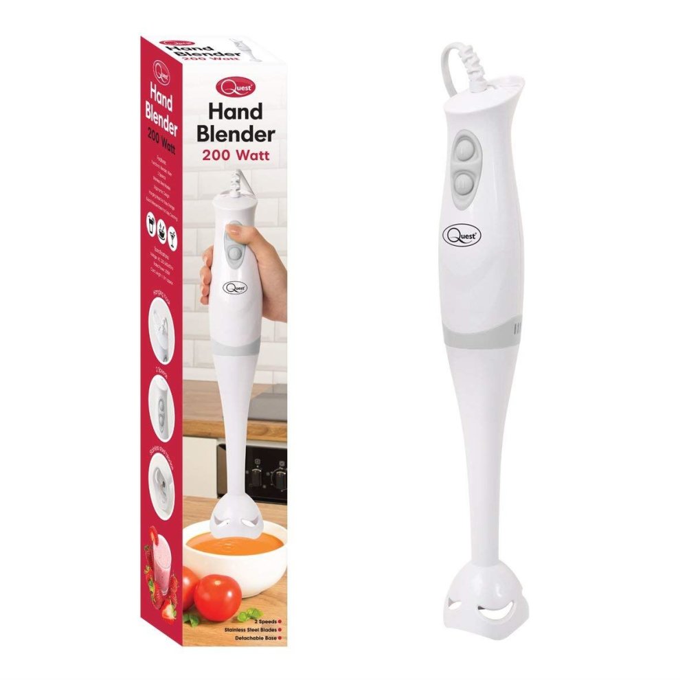 White Quest stick blender with two-speed settings, 200 watts, featuring a smooth handle and a blending attachment, displayed alongside its colorful packaging.