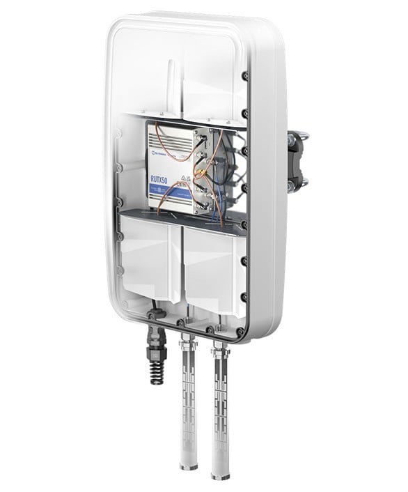 QuWireless AX50MO omni-directional antenna features a white weatherproof casing, visible internal components, and two protruding connectors for PoE/LAN connectivity.