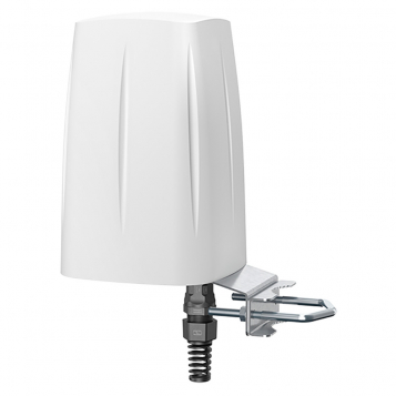 White omni-directional antenna with a sleek design, featuring a mounting bracket and a threaded connector for PoE/LAN, measuring 4.5 inches in height.