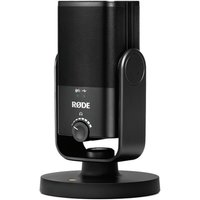 Black R�DE N-US mini microphone with adjustable stand, volume knob, and USB connection.