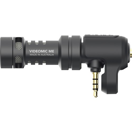 Compact black shotgun microphone with a 3.5mm jack, featuring a textured grip and a sleek design, labeled "VIDEOMIC ME" and made in Australia.