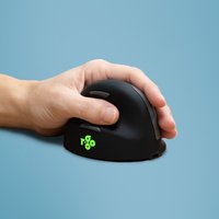 Black R-Go Tools ergonomic Bluetooth mouse, left-handed, medium size, with green logo and curved design for hand support.