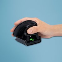 Black R-Go Twister ergonomic mouse, foldable, ambidextrous design, with break software, held in hand against blue background.