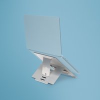 Silver R-Go Tools folding laptop stand, adjustable Hylite aluminum, ergonomic design, on a blue background.