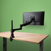 Black R-Go Tools monitor arm with gas spring, mounted on desk, adjustable, supporting monitor against green background.