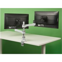 Black R-Go Zepher Dual monitor arm for two screens, fully adjustable, mounted on a white desk against a green background.
