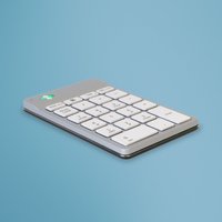White R-Go Tools ergonomic numeric keypad with Bluetooth, featuring break software, set on a blue background.
