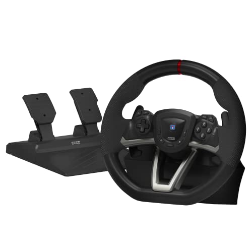 Black racing wheel with a textured grip, featuring a central logo, and two pedal attachments, designed for Nintendo Switch, showcasing a sleek and modern design.