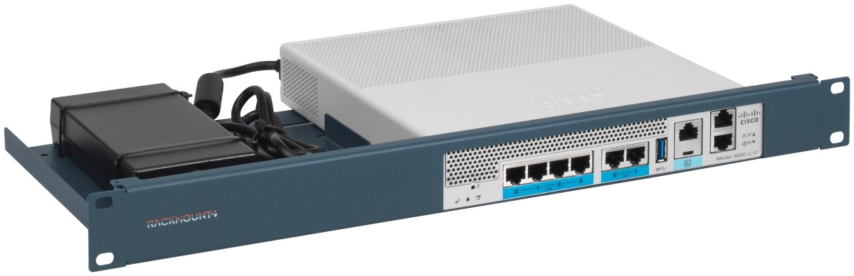 Rack mount kit in blue metal for Cisco Catalyst 9800-L, featuring a white wireless LAN controller, power supply, and multiple Ethernet ports on the front panel.