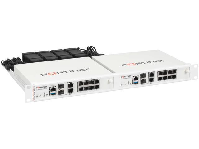 Rack mount kit featuring two white FortiGate 90G/91G units with multiple Ethernet ports, USB connections, and a sleek design, ideal for secure network integration.