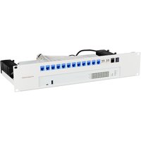 White Rackmount.IT RM-SR-T16 mounting bracket with multiple blue ports and black power connectors.