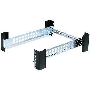 Silver metal rack rail with black plastic end caps, featuring multiple holes for adjustable mounting, designed for use with 3U rack systems.